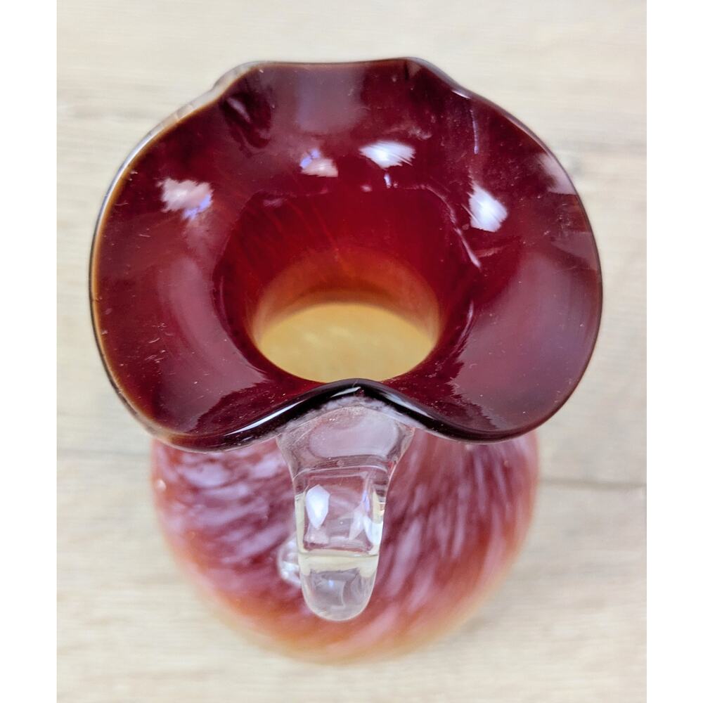 Murano Style Art Glass Pitcher Creamer 5" Cranberry Amber Spatter Hand Blown - Picture 7 of 10